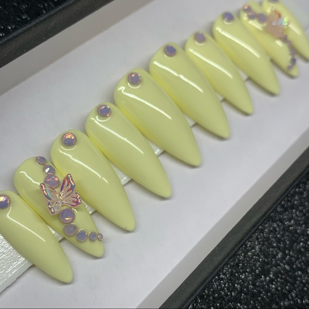 Yellow Almond 3D Butterfly Nails